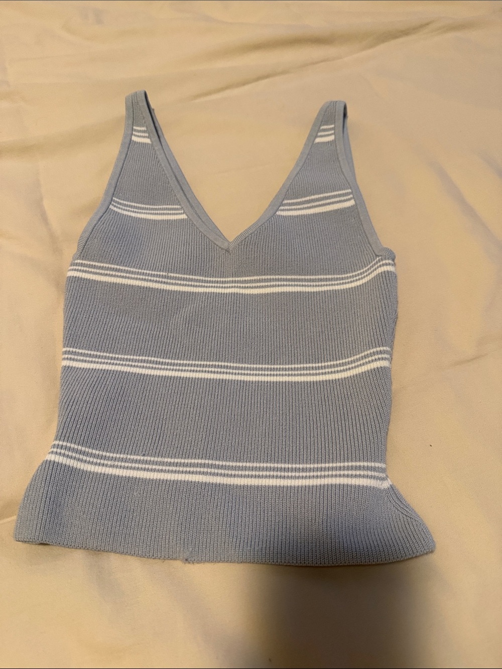Aritzia Babaton V-Neck Contour Ribbed Tank Top in Light Blue with White Stripes
